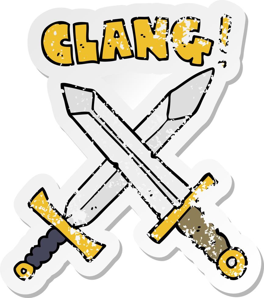 distressed sticker of a cartoon sword fight vector