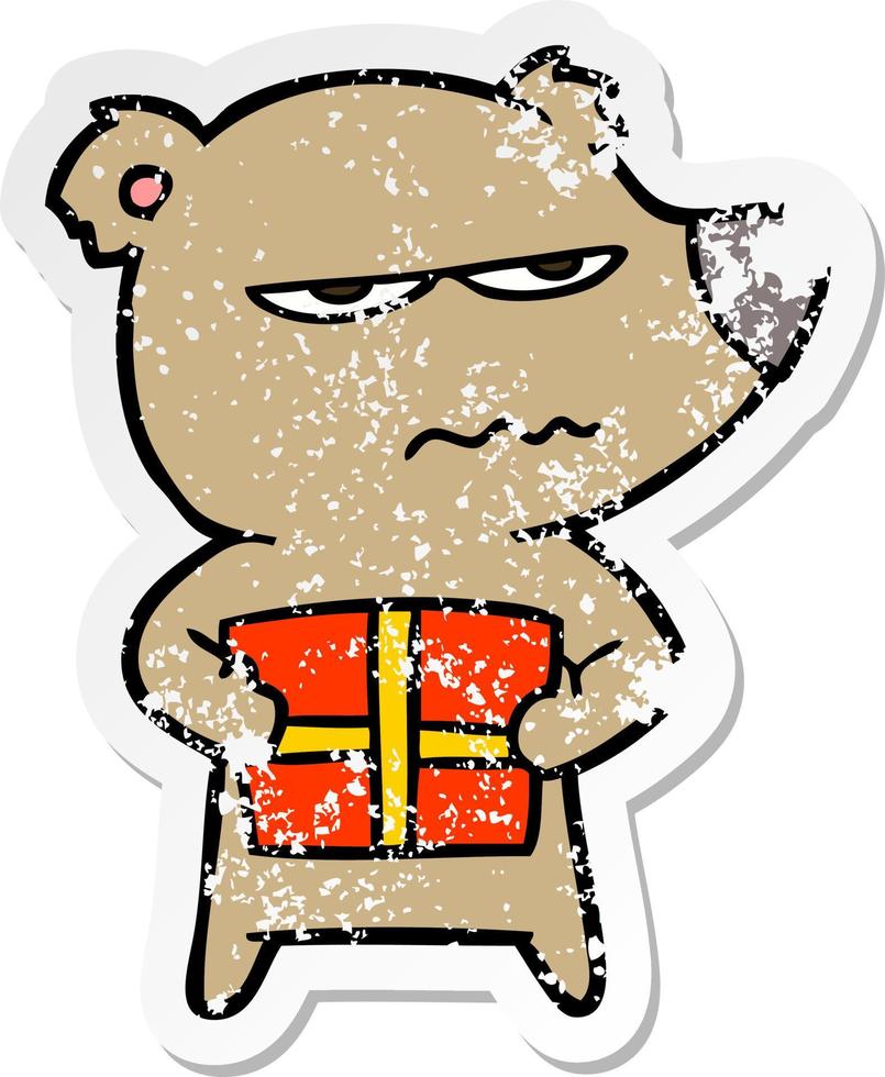 distressed sticker of a angry bear cartoon holding present vector