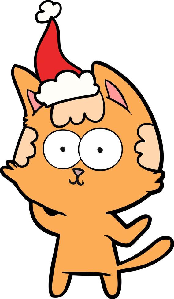 happy line drawing of a cat wearing santa hat vector