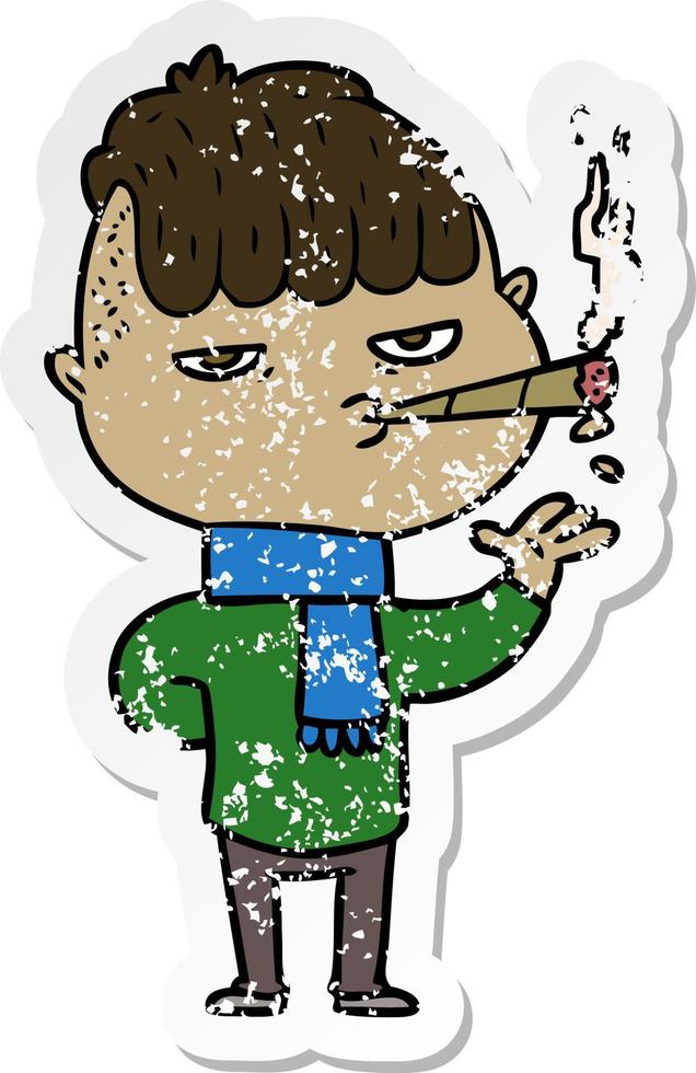 distressed sticker of a cartoon man smoking vector