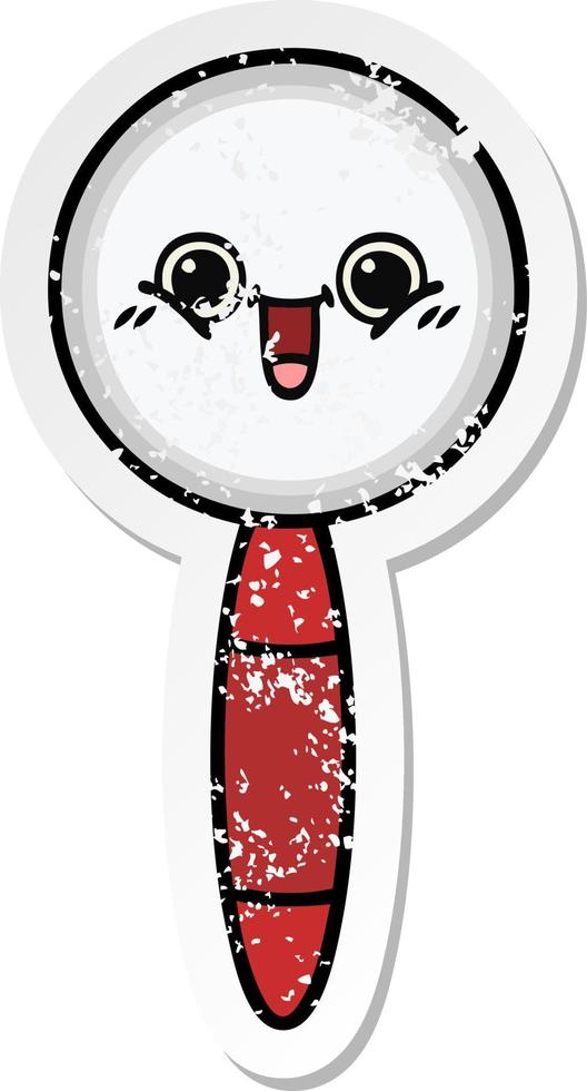 distressed sticker of a cute cartoon magnifying glass vector
