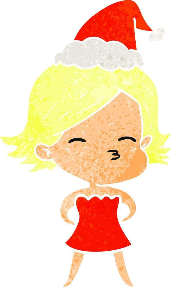 retro cartoon of a woman wearing santa hat vector