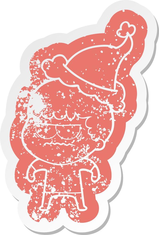 cartoon distressed sticker of a annoyed man wearing santa hat vector