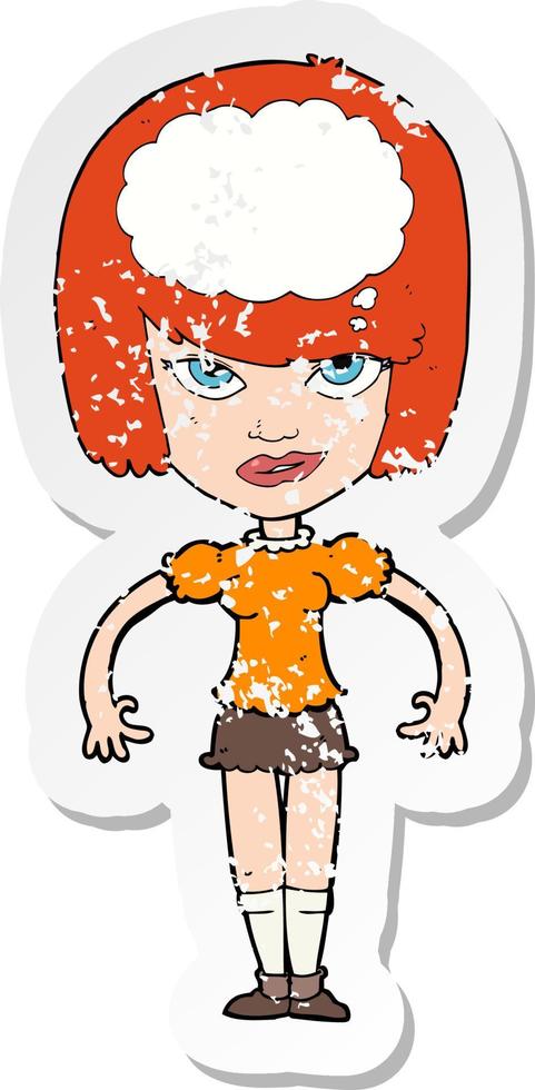 retro distressed sticker of a cartoon woman with idea vector