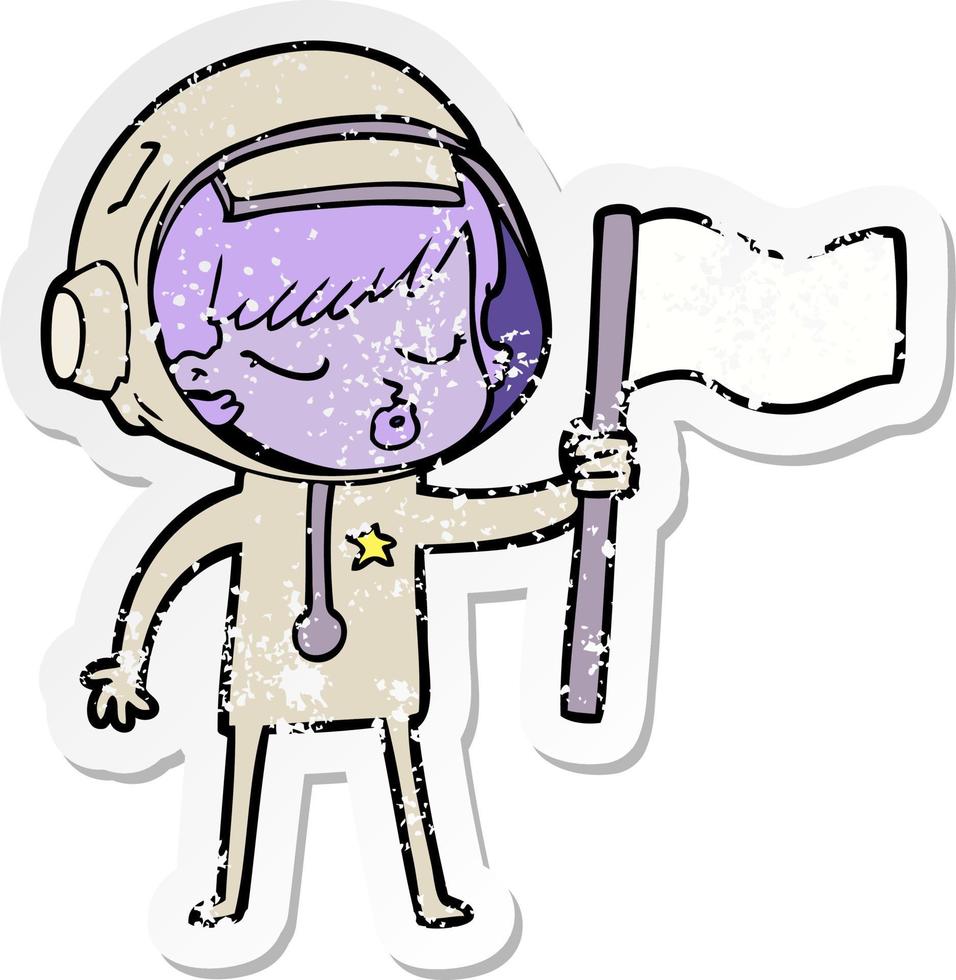 distressed sticker of a cartoon pretty astronaut girl planting flag vector