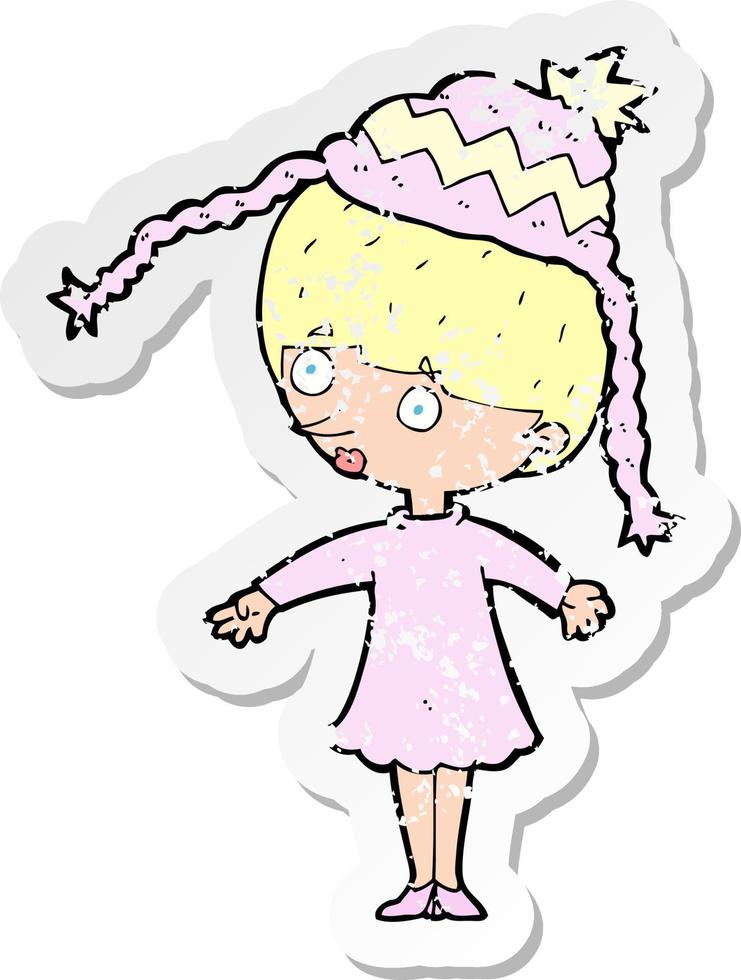 retro distressed sticker of a cartoon woman wearing winter hat vector