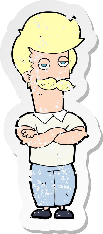 pegatina retro angustiada de un hombre musculoso con bigote de dibujos animados vector