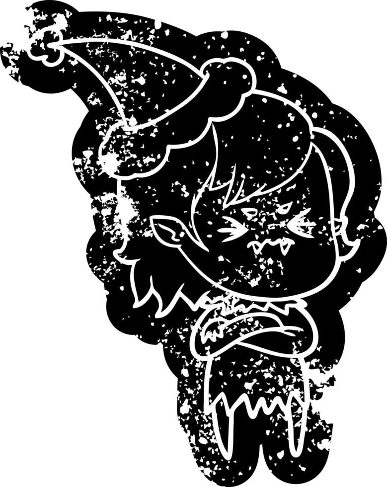 annoyed cartoon distressed icon of a vampire girl wearing santa hat vector