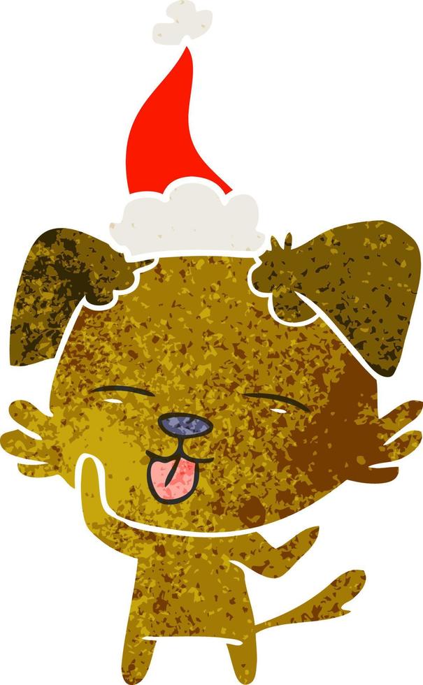 retro cartoon of a dog sticking out tongue wearing santa hat vector