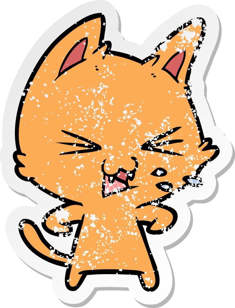distressed sticker of a cartoon cat hissing vector