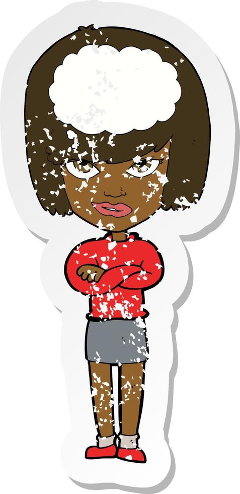retro distressed sticker of a cartoon woman with folded arms imagining vector