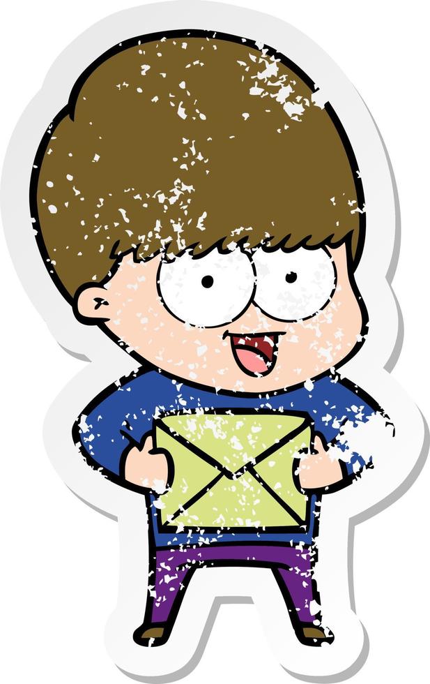 distressed sticker of a happy cartoon boy with present vector