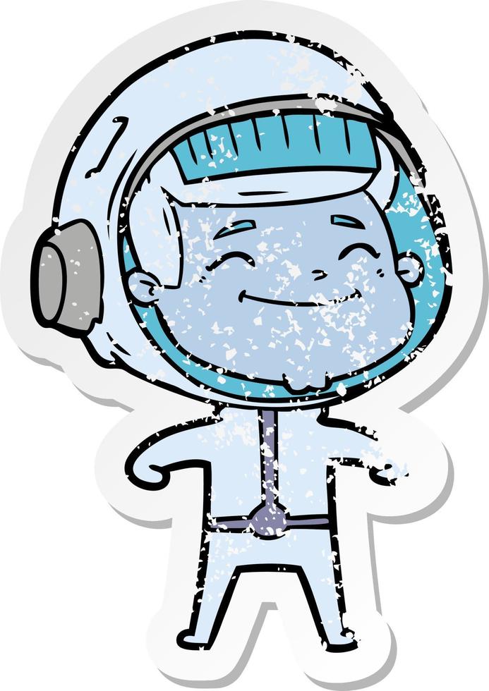 distressed sticker of a happy cartoon astronaut vector