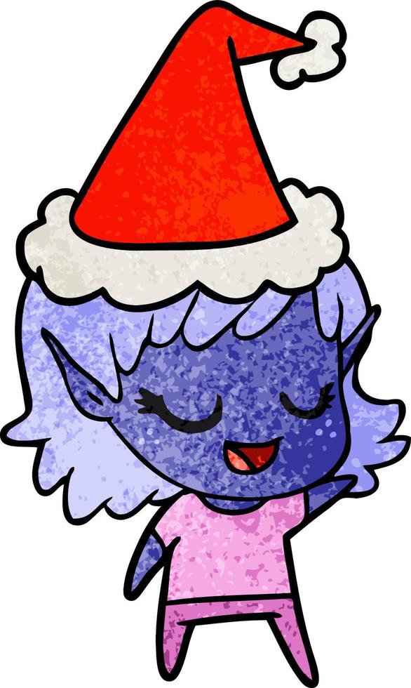 happy textured cartoon of a elf girl wearing santa hat vector