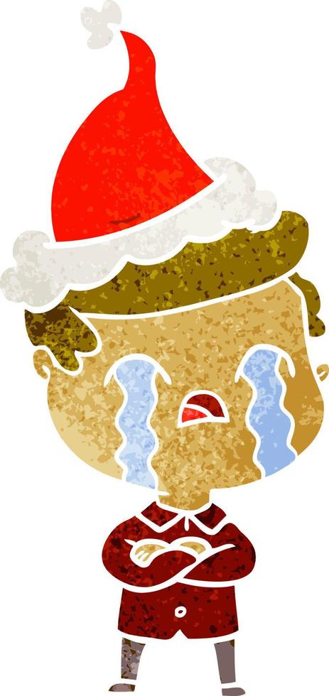 retro cartoon of a man crying wearing santa hat vector