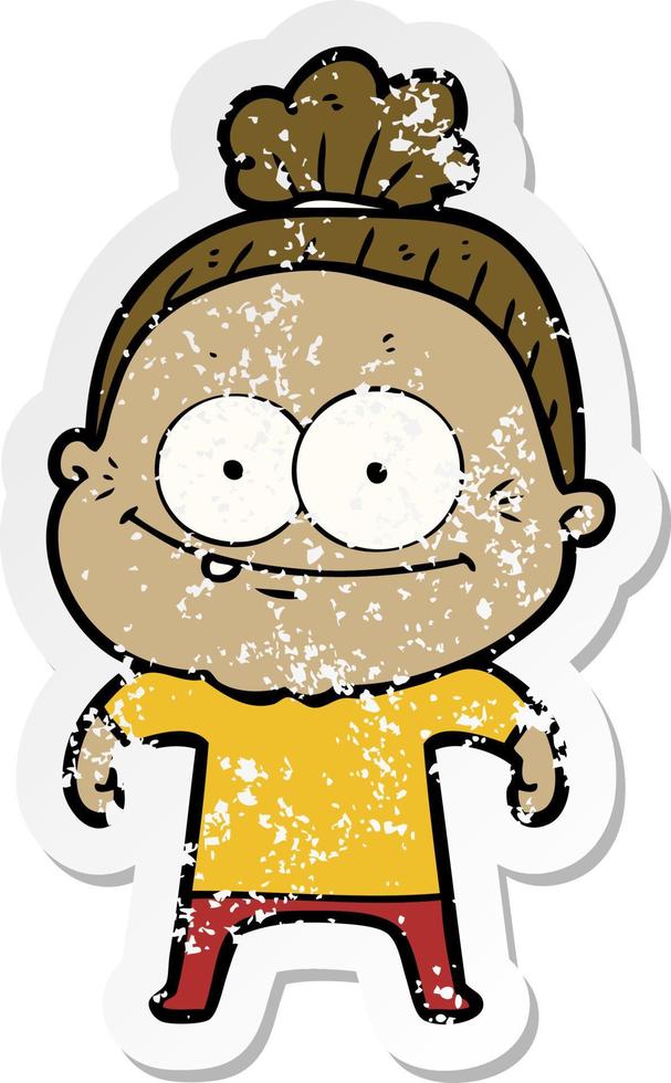 distressed sticker of a cartoon happy old woman vector