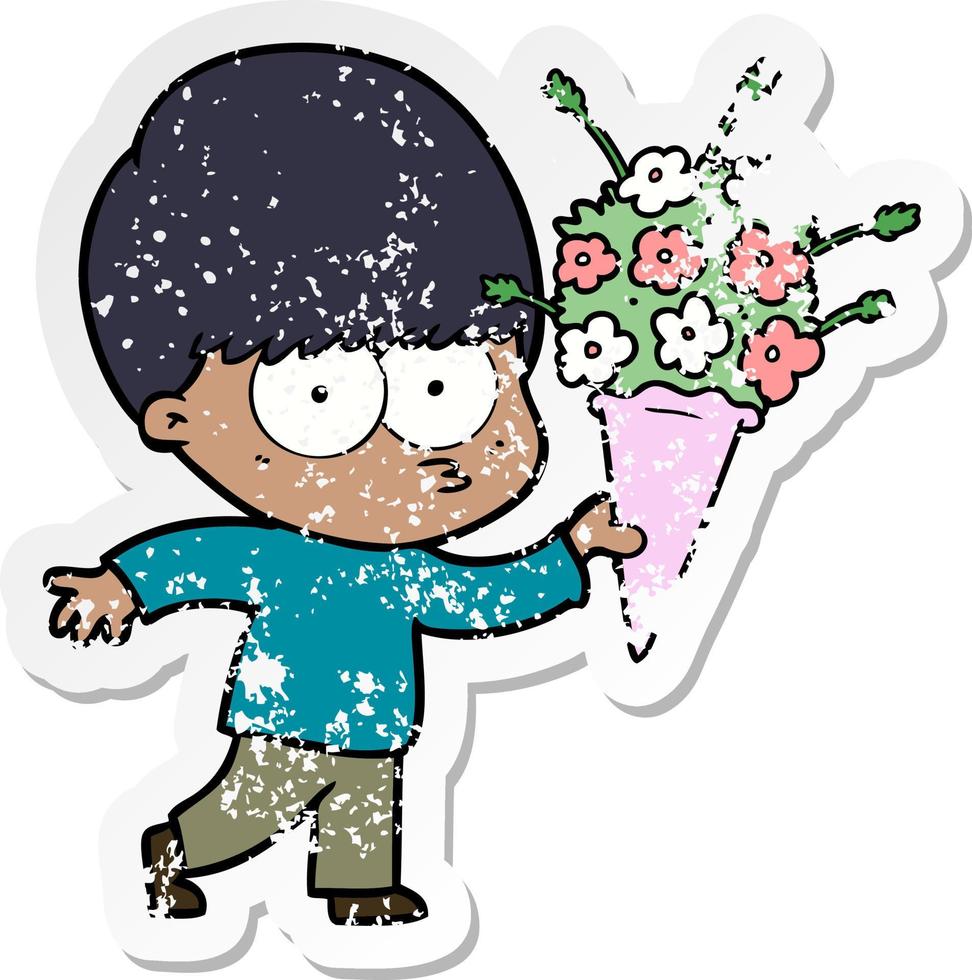 distressed sticker of a nervous cartoon boy with flowers vector