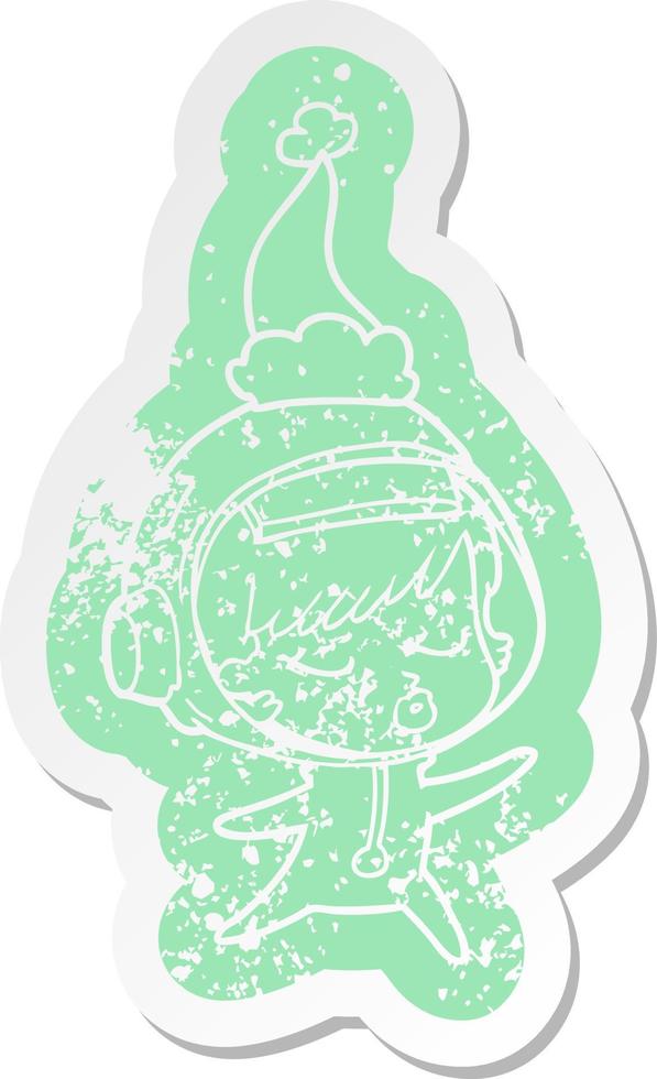 cartoon distressed sticker of a pretty astronaut girl wearing santa hat vector