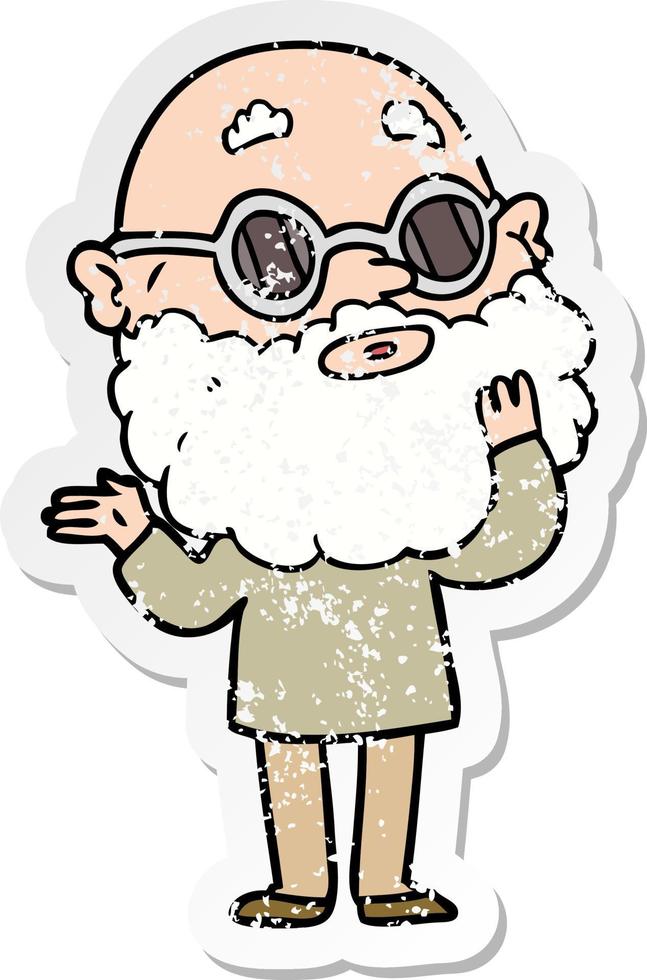 distressed sticker of a cartoon curious man with beard and glasses vector