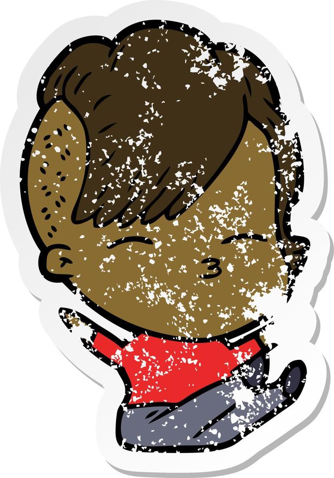 distressed sticker of a cartoon squinting girl vector