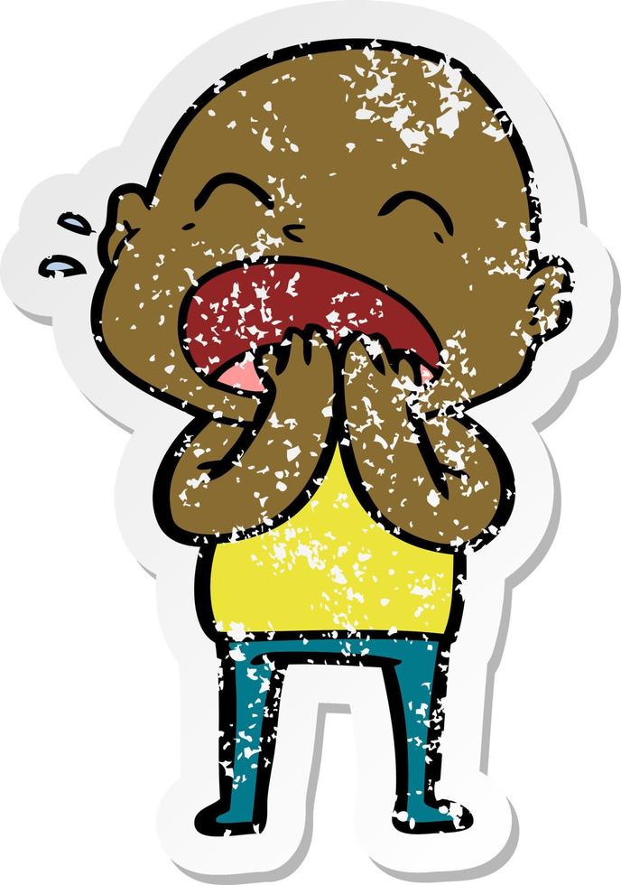 distressed sticker of a cartoon shouting bald man vector