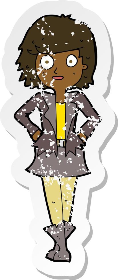 retro distressed sticker of a cartoon girl in jacket vector