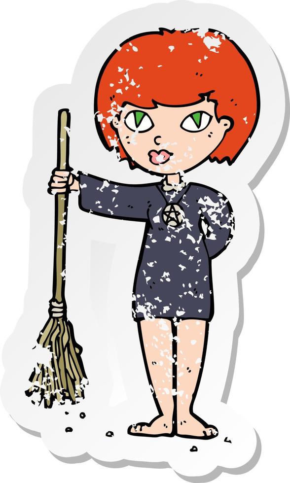 retro distressed sticker of a cartoon pretty witch girl vector