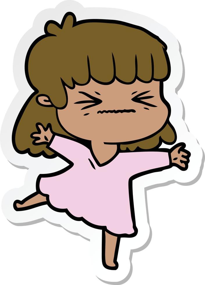 sticker of a cartoon angry girl vector