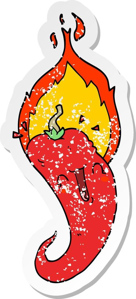 distressed sticker of a cartoon flaming hot chili pepper vector