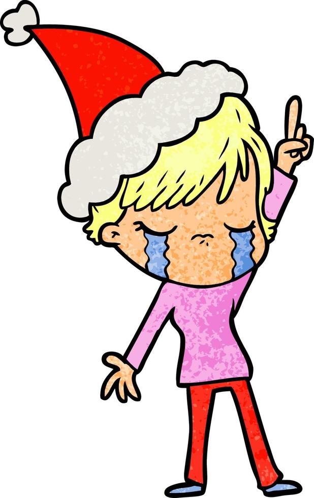 textured cartoon of a woman crying wearing santa hat vector