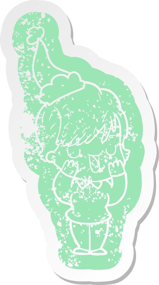 cartoon distressed sticker of a woman talking wearing santa hat vector