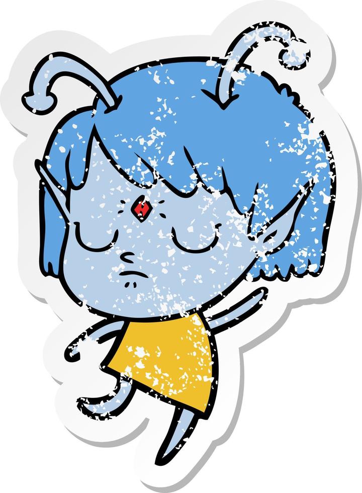 distressed sticker of a cartoon alien girl vector