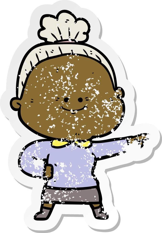 distressed sticker of a cartoon happy old woman vector