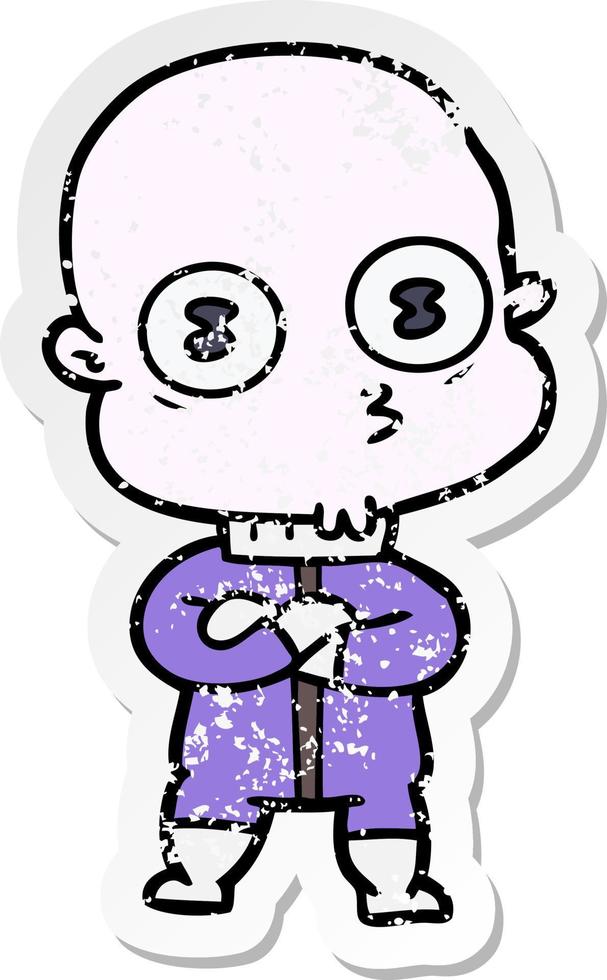 distressed sticker of a cartoon weird bald spaceman vector