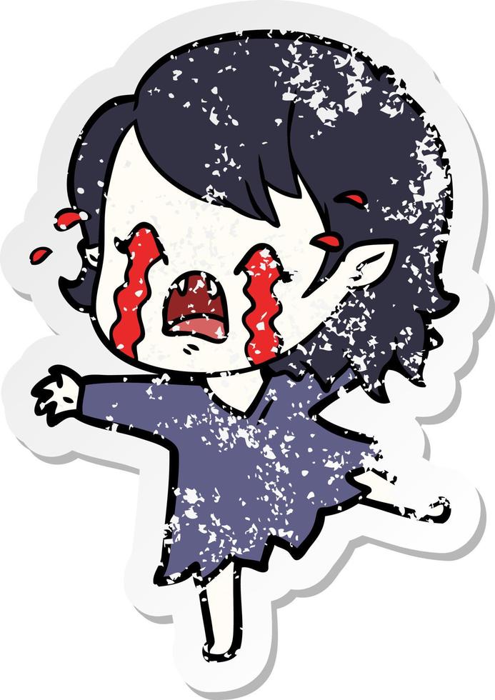 distressed sticker of a cartoon crying vampire girl vector