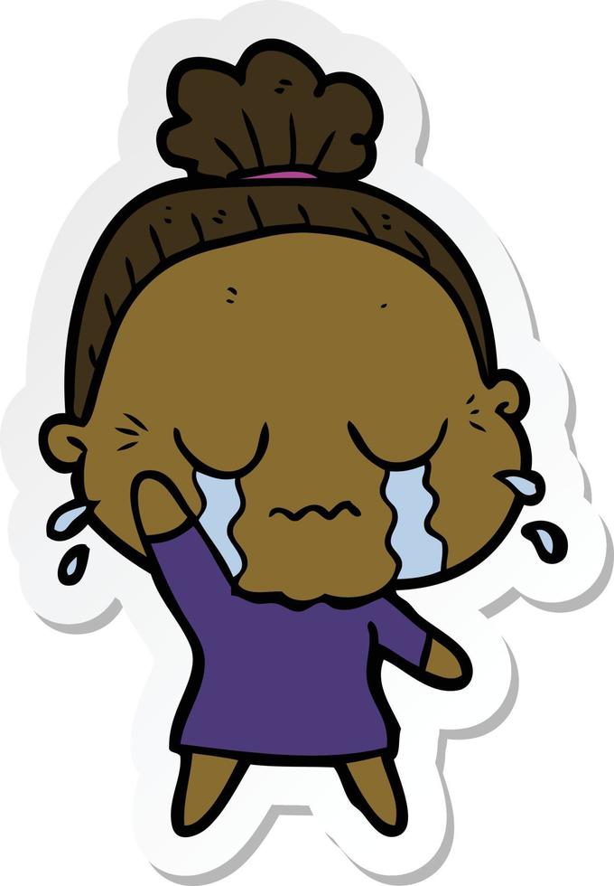 sticker of a cartoon crying old lady vector