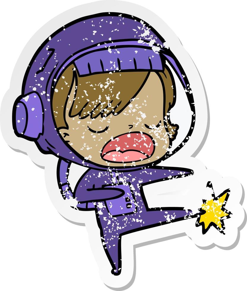 distressed sticker of a cartoon astronaut woman kicking vector