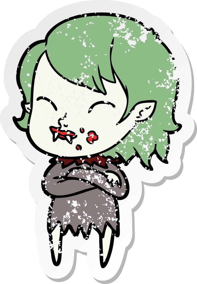 distressed sticker of a cartoon vampire girl with blood on cheek vector