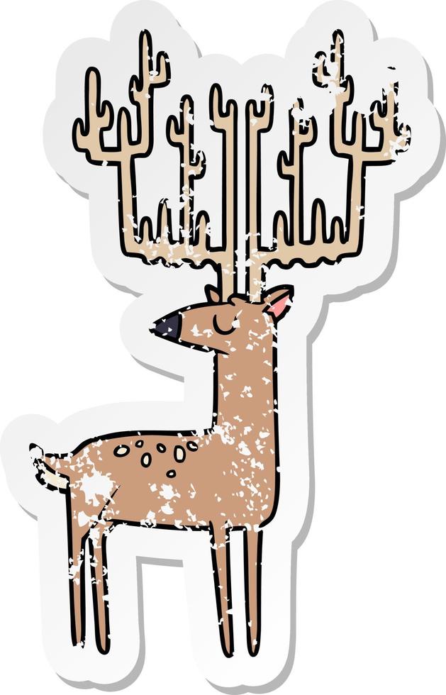 pegatina angustiada de un ciervo de dibujos animados con enormes cuernos vector