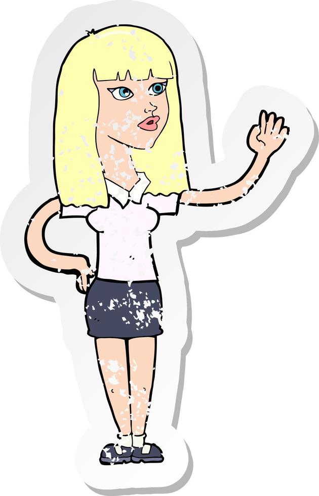retro distressed sticker of a cartoon pretty woman waving vector
