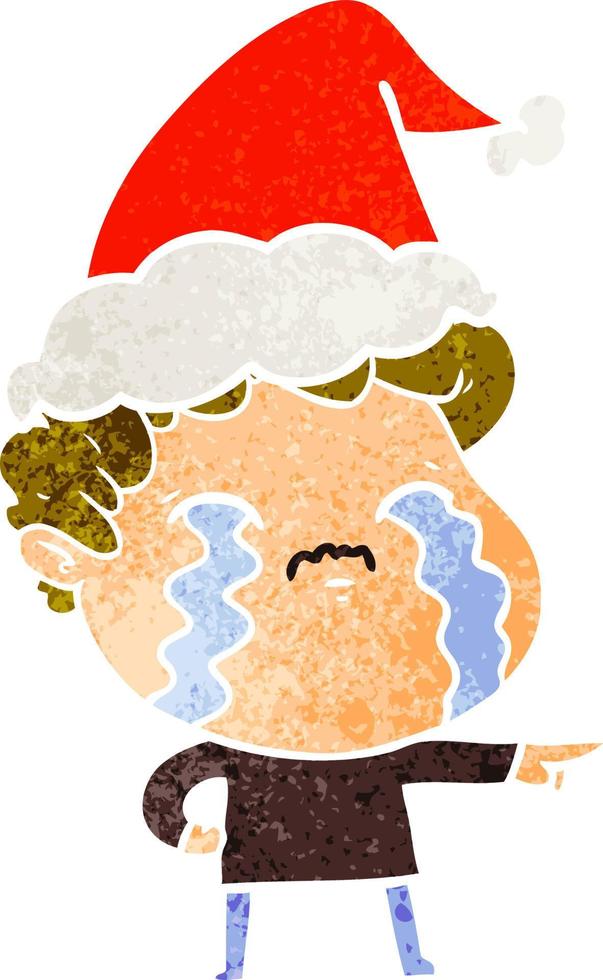 retro cartoon of a man crying wearing santa hat vector