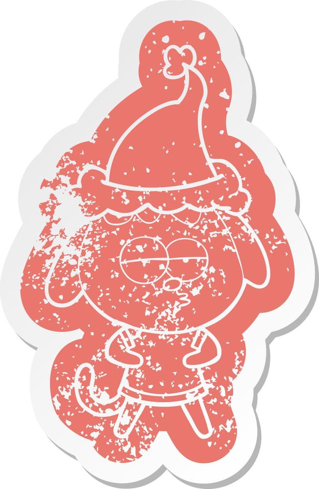 cartoon distressed sticker of a bored dog wearing santa hat vector