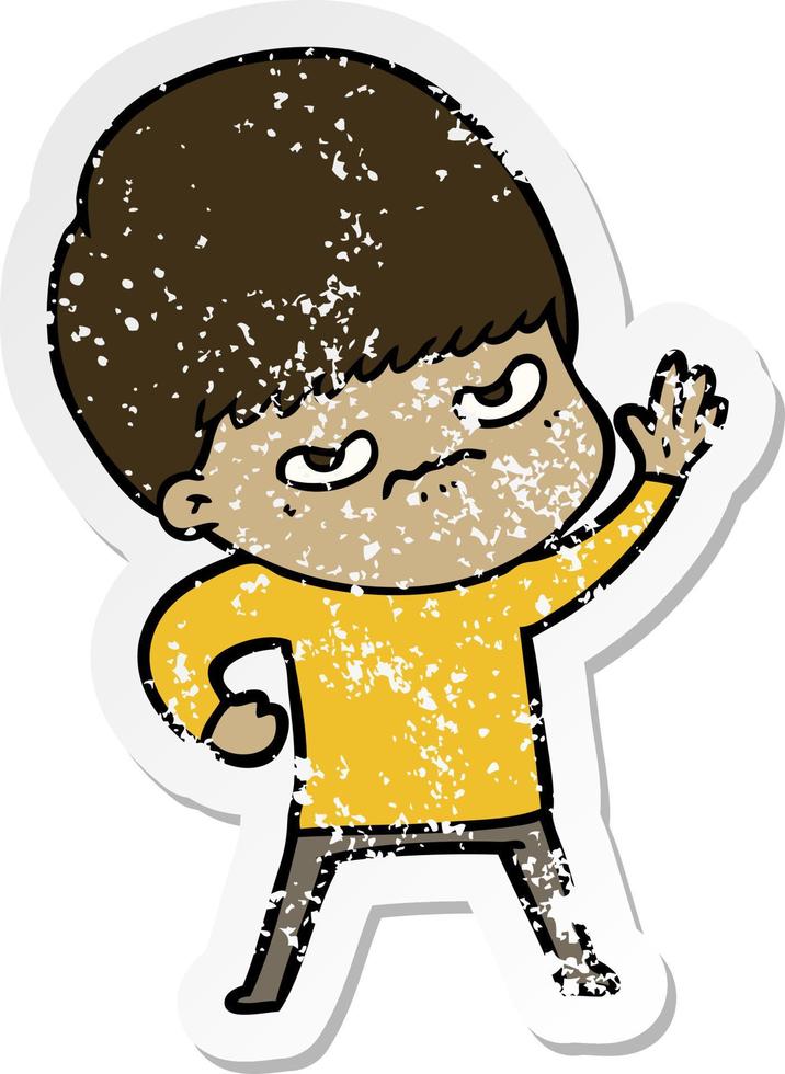 distressed sticker of a angry cartoon boy vector