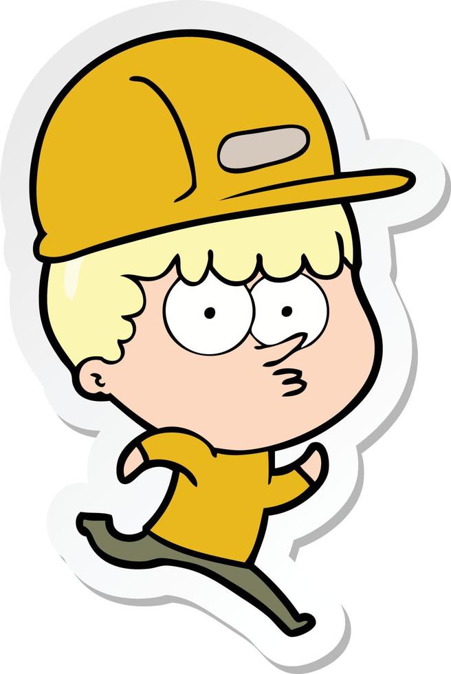 sticker of a cartoon man in builders hat running vector