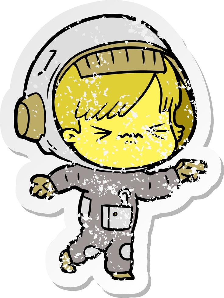 distressed sticker of a angry cartoon space girl vector