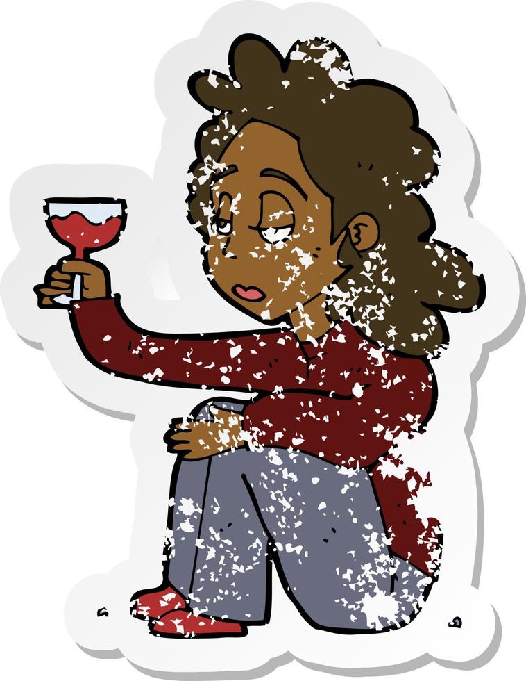 retro distressed sticker of a cartoon unhappy woman with glass of wine vector