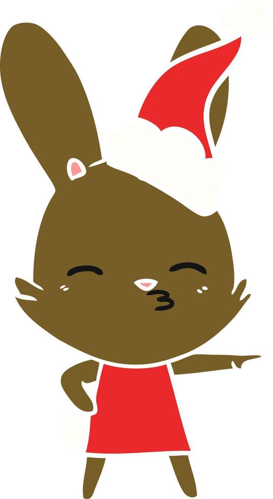 curious bunny flat color illustration of a wearing santa hat vector