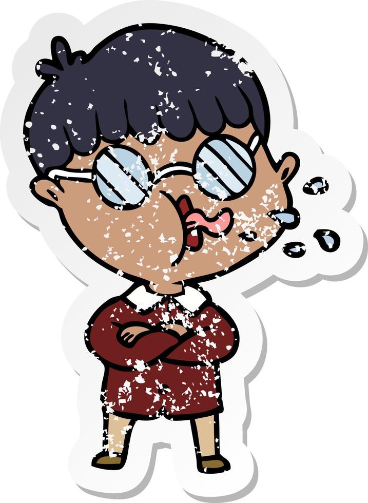 distressed sticker of a cartoon boy wearing spectacles vector