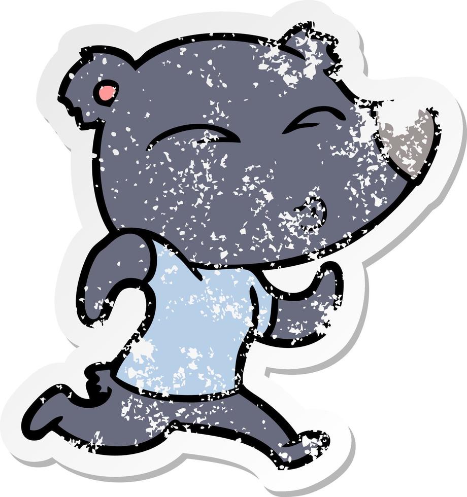 distressed sticker of a cartoon jogging bear vector
