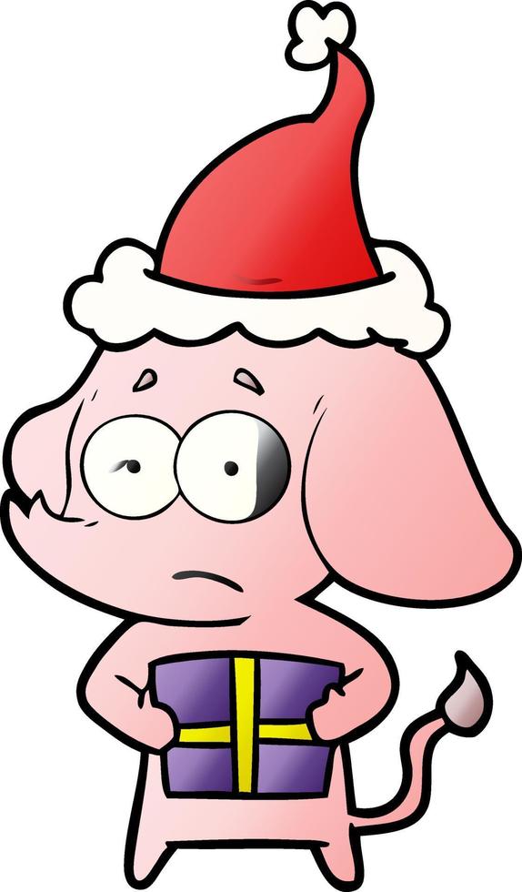 gradient cartoon of a unsure elephant with christmas present wearing santa hat vector